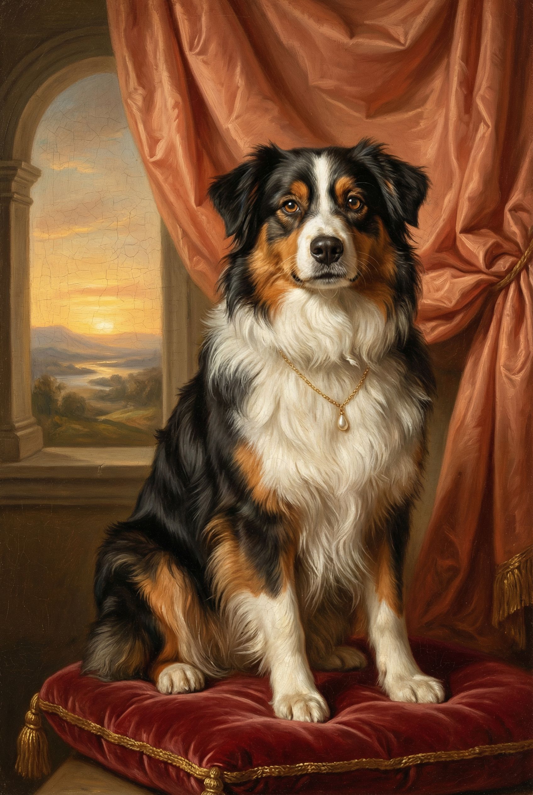 Australian Shepherd als barockes Porträt mit goldenem Rahmen