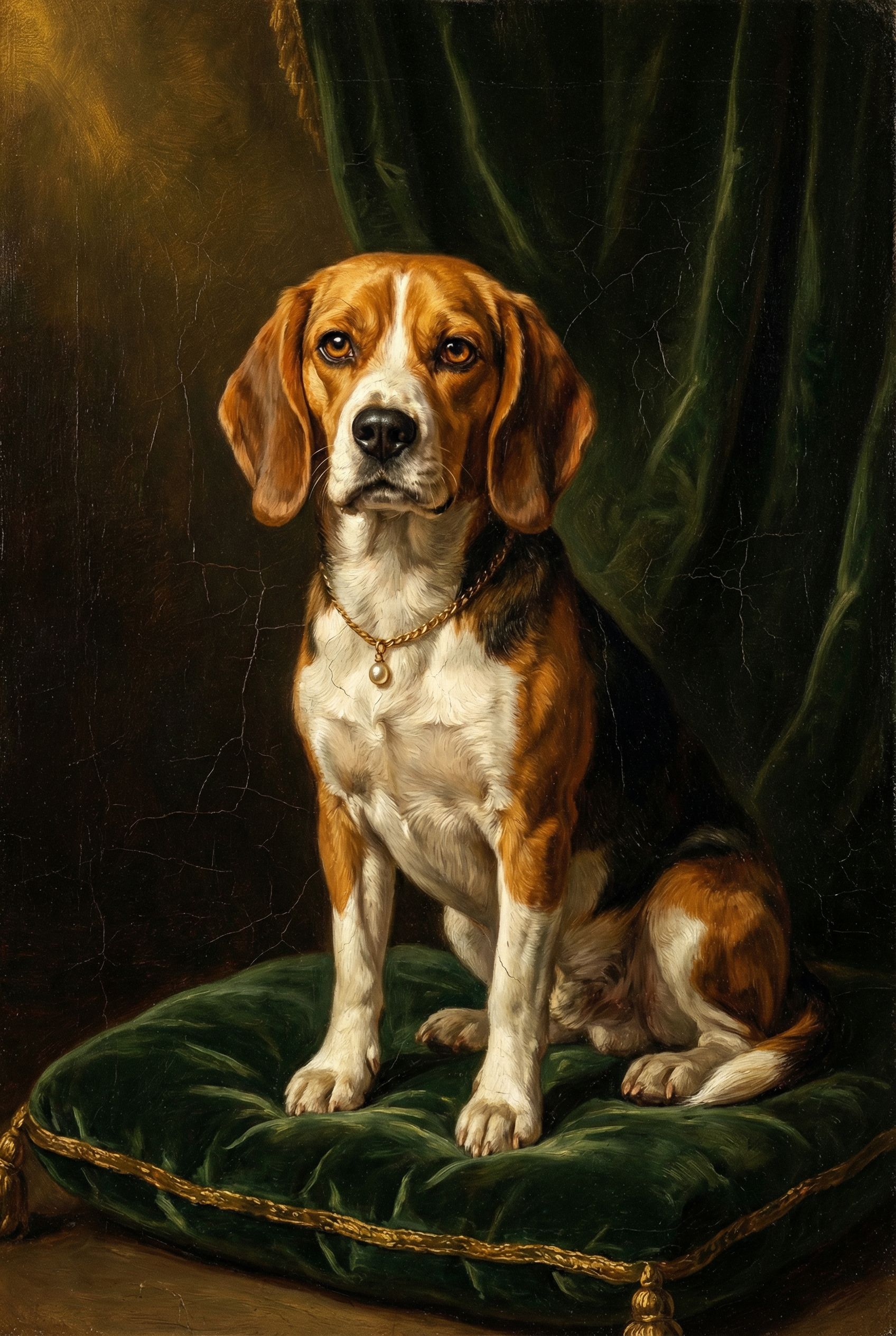 Beagle als barockes Porträt mit goldenem Rahmen