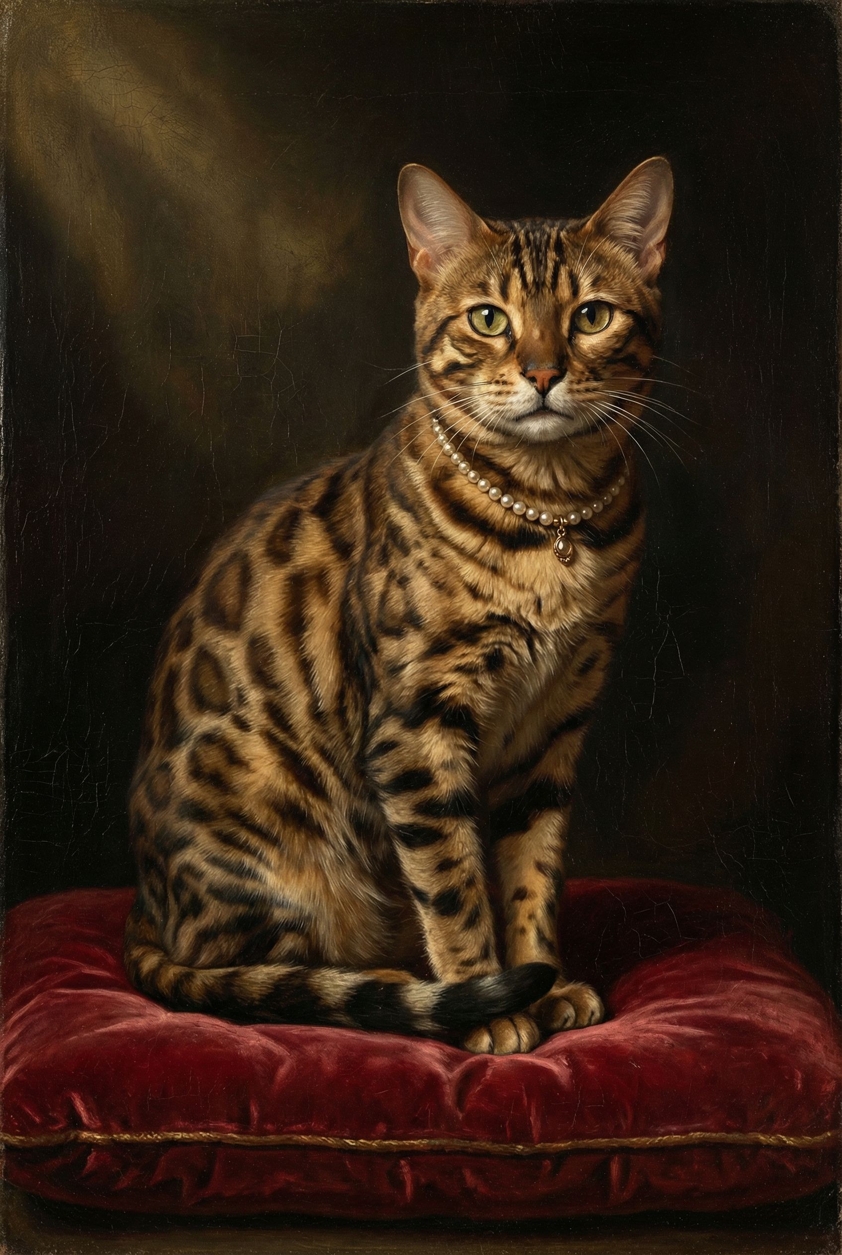 Bengalkatze als barockes Porträt mit goldenem Rahmen