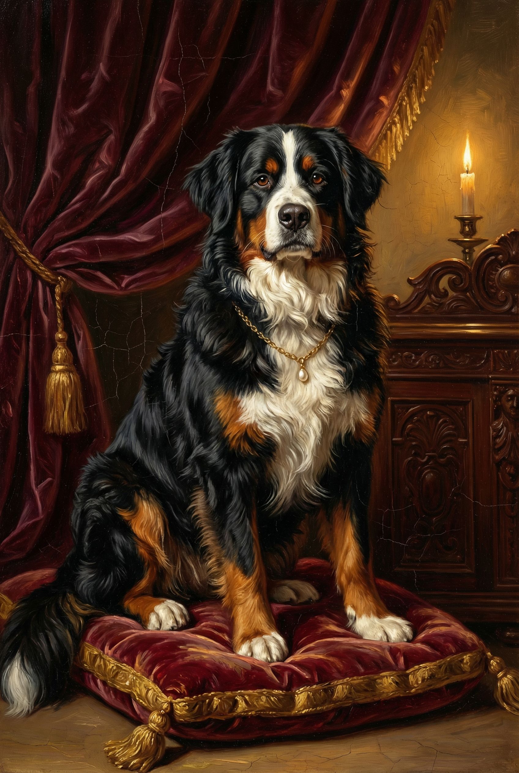 Berner Sennenhund als barockes Porträt mit goldenem Rahmen