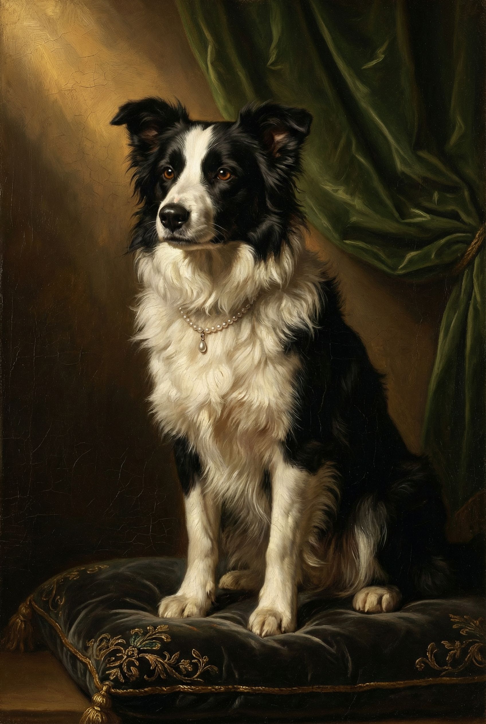 Border Collie als barockes Porträt mit goldenem Rahmen