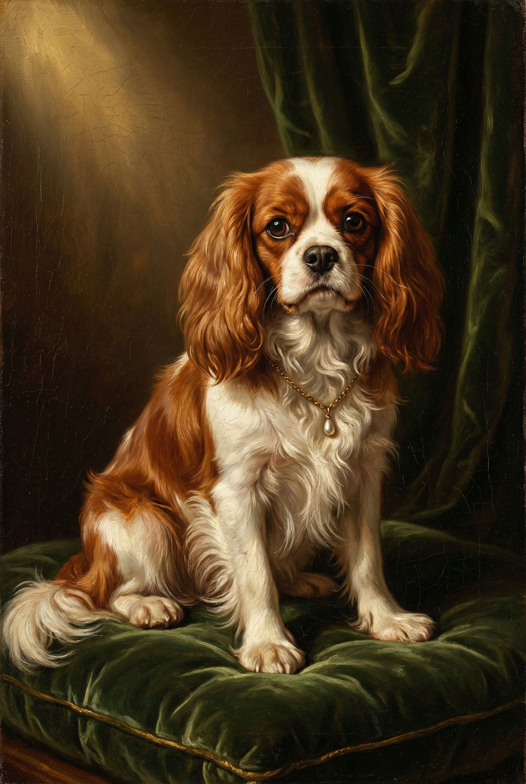 Cavalier King Charles Spaniel als barockes Porträt mit goldenem Rahmen