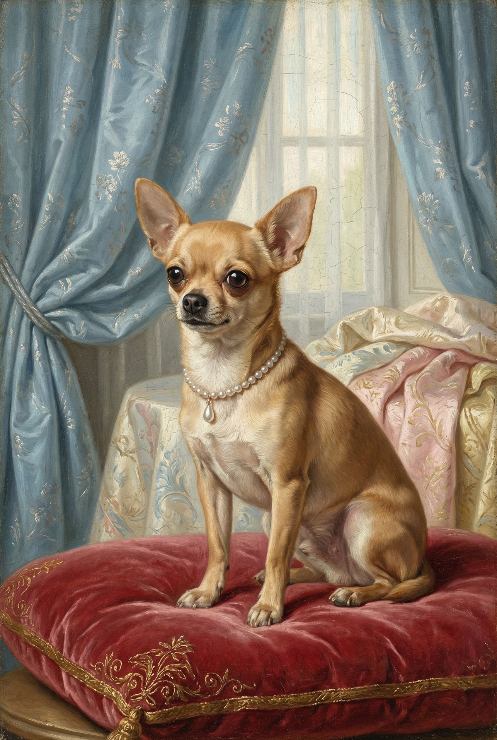 Chihuahua als barockes Porträt mit goldenem Rahmen