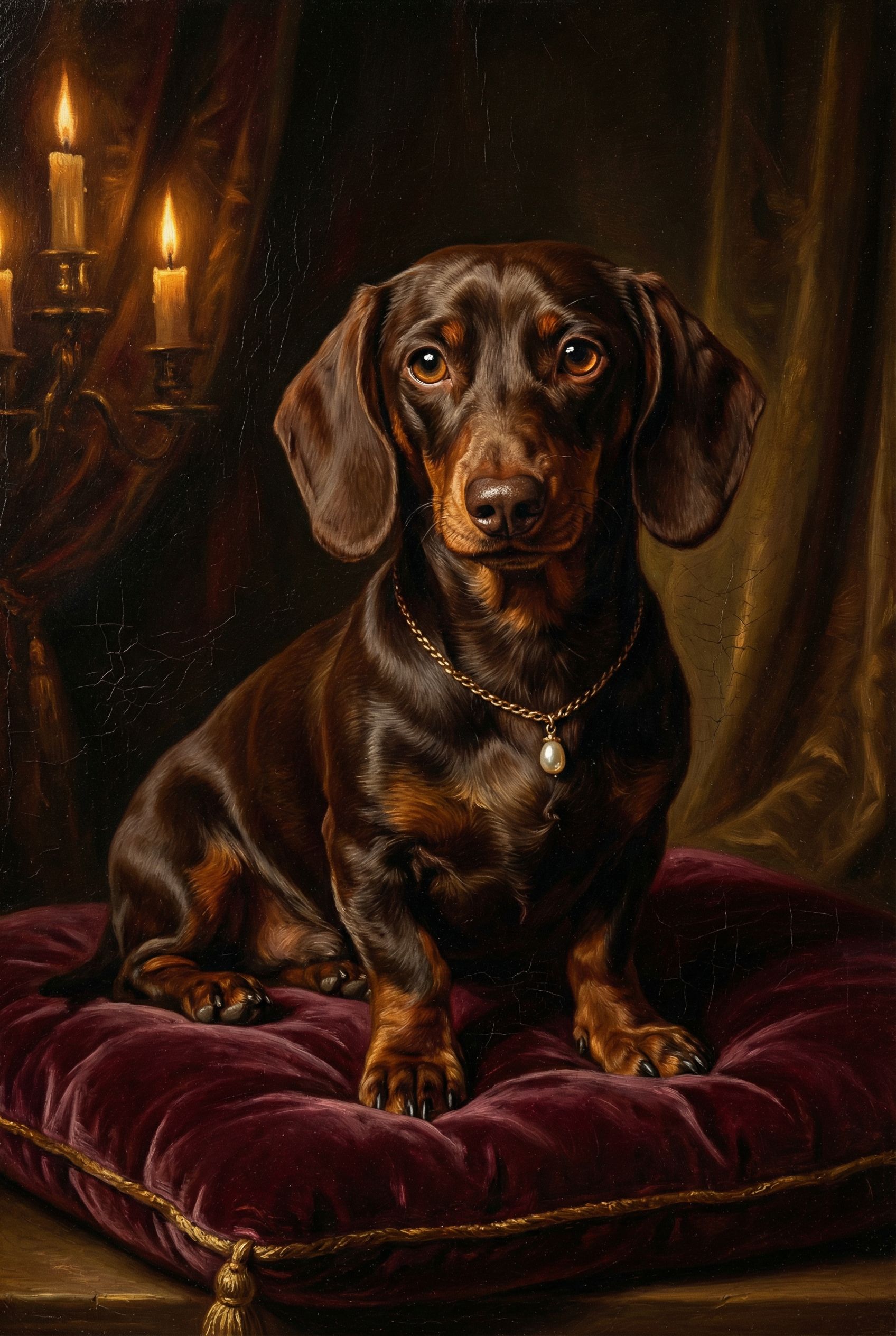 Dackel als barockes Porträt mit goldenem Rahmen