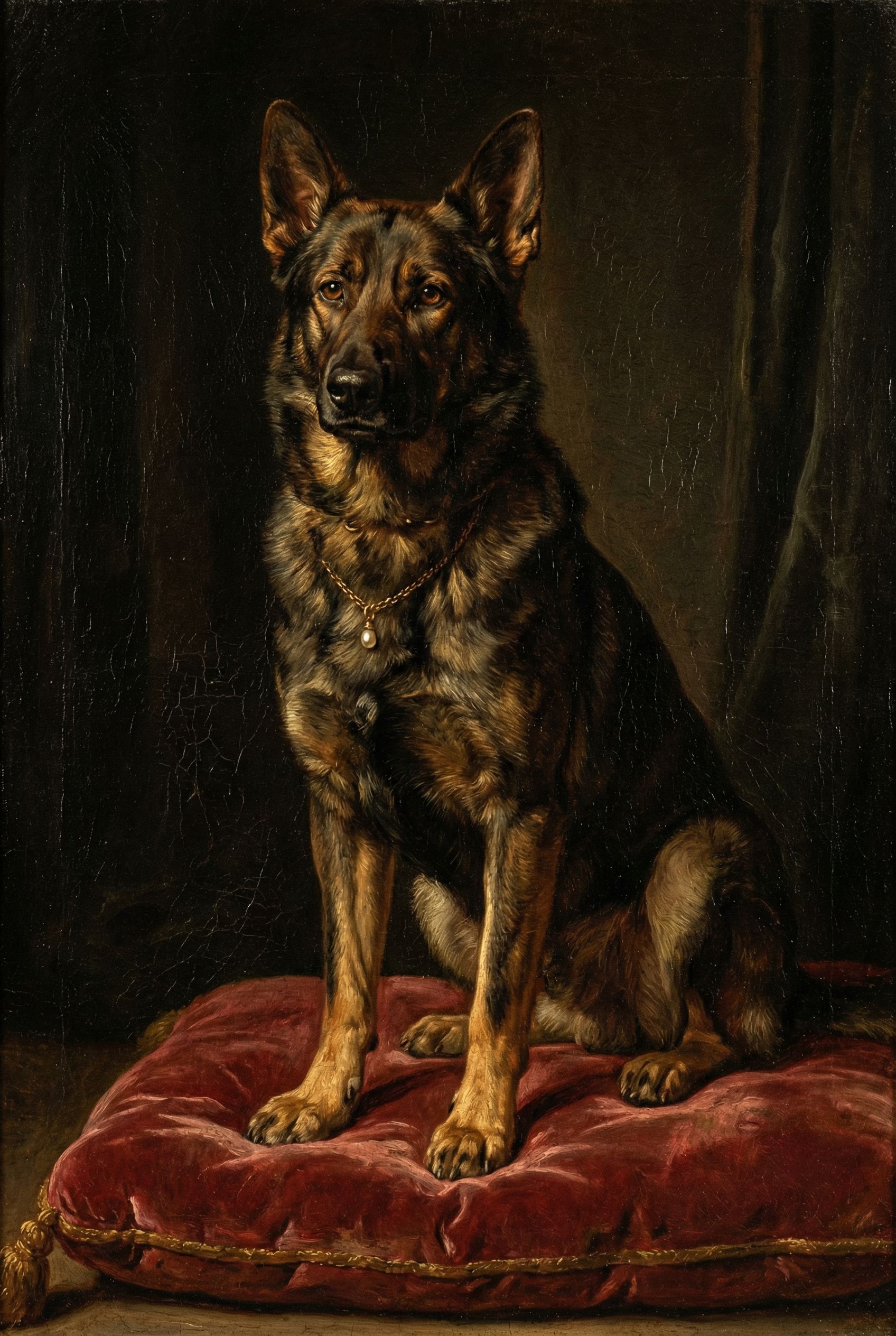 Deutscher Schäferhund als barockes Porträt mit goldenem Rahmen