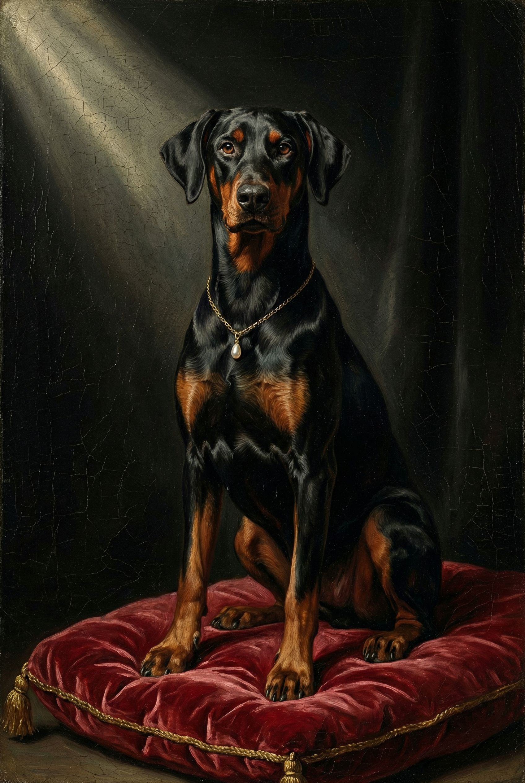 Dobermann als barockes Porträt mit goldenem Rahmen