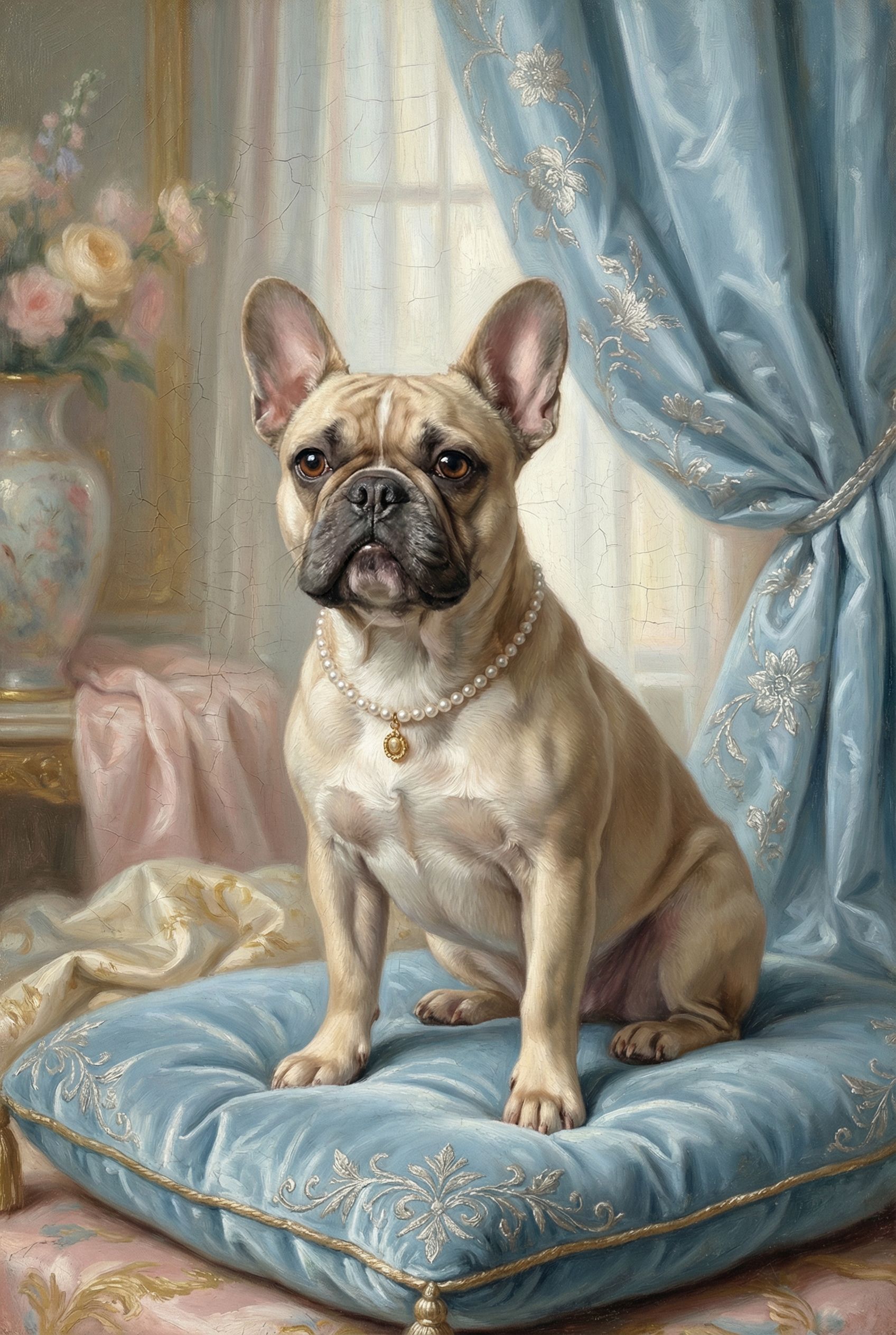Französische Bulldogge als barockes Porträt mit goldenem Rahmen