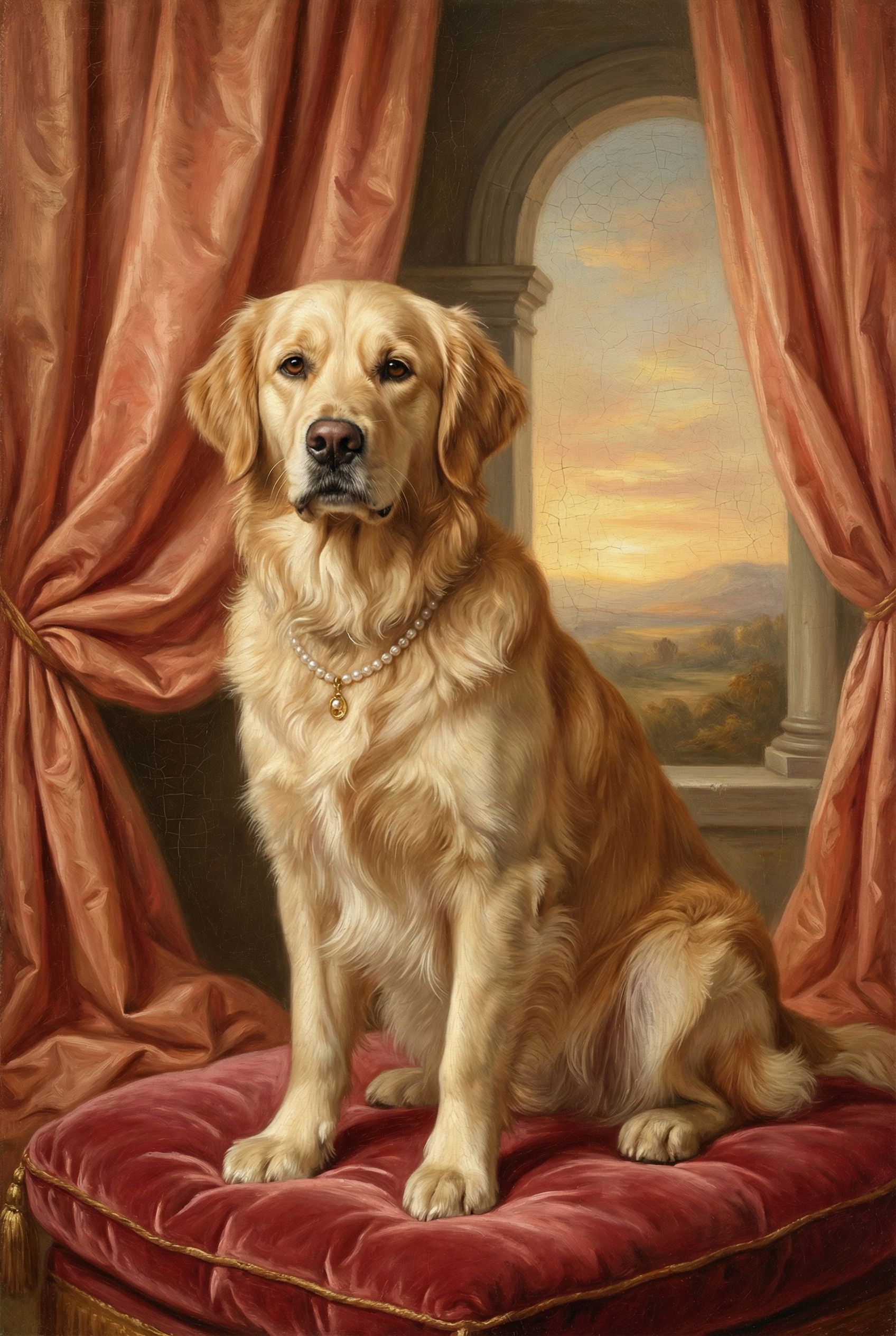 Golden Retriever als barockes Porträt mit goldenem Rahmen