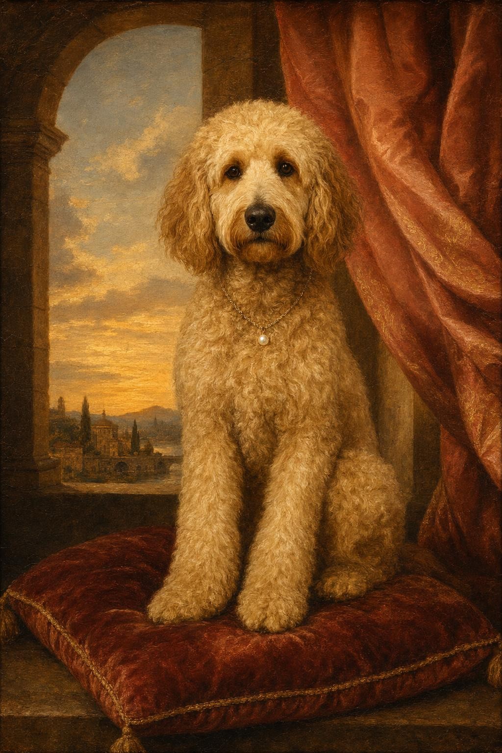 Goldendoodle als barockes Porträt mit goldenem Rahmen