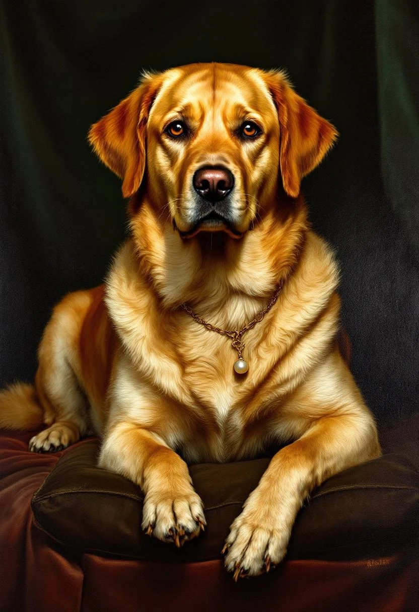 Labrador Retriever als barockes Porträt mit goldenem Rahmen