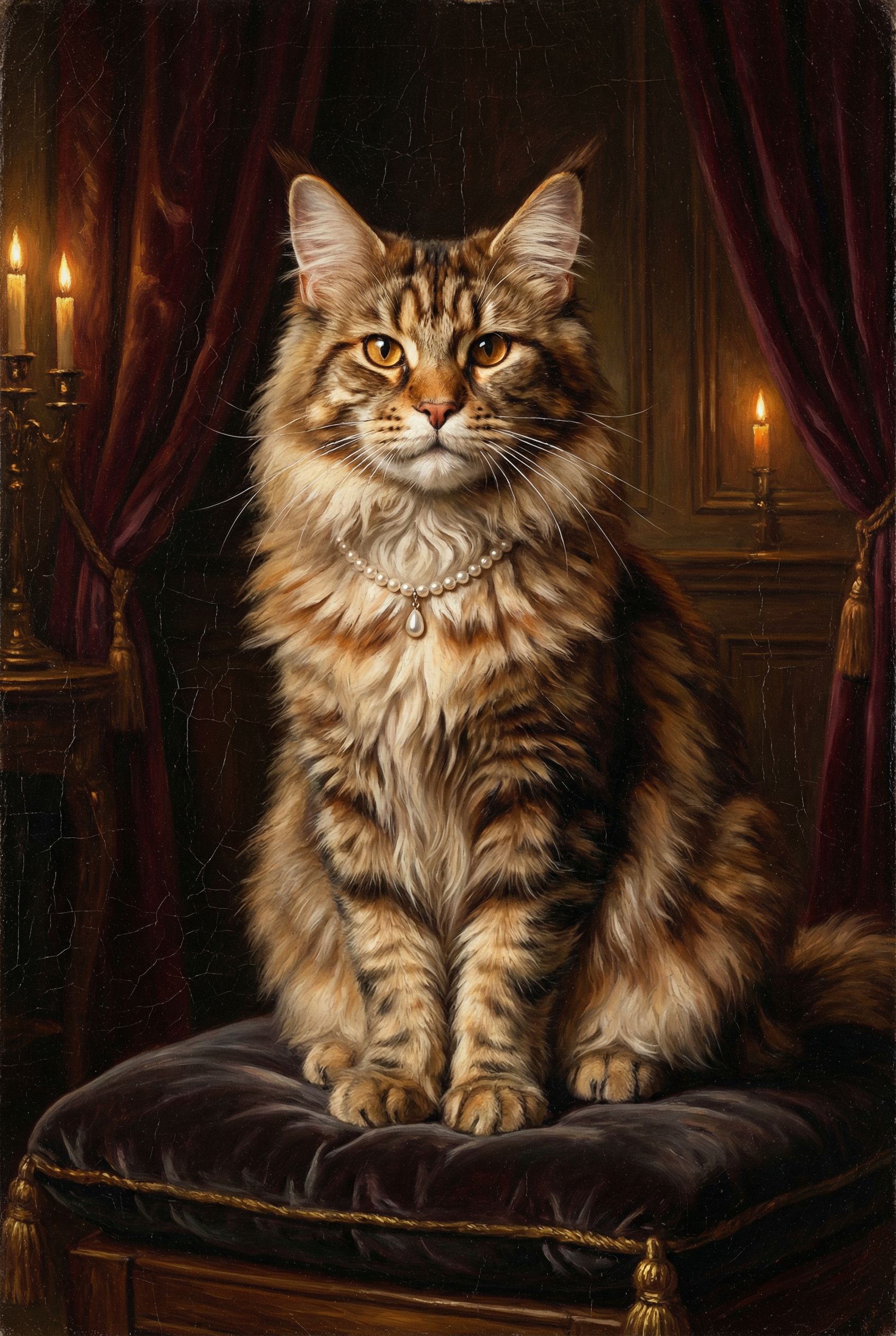 Maine Coon als barockes Porträt mit goldenem Rahmen