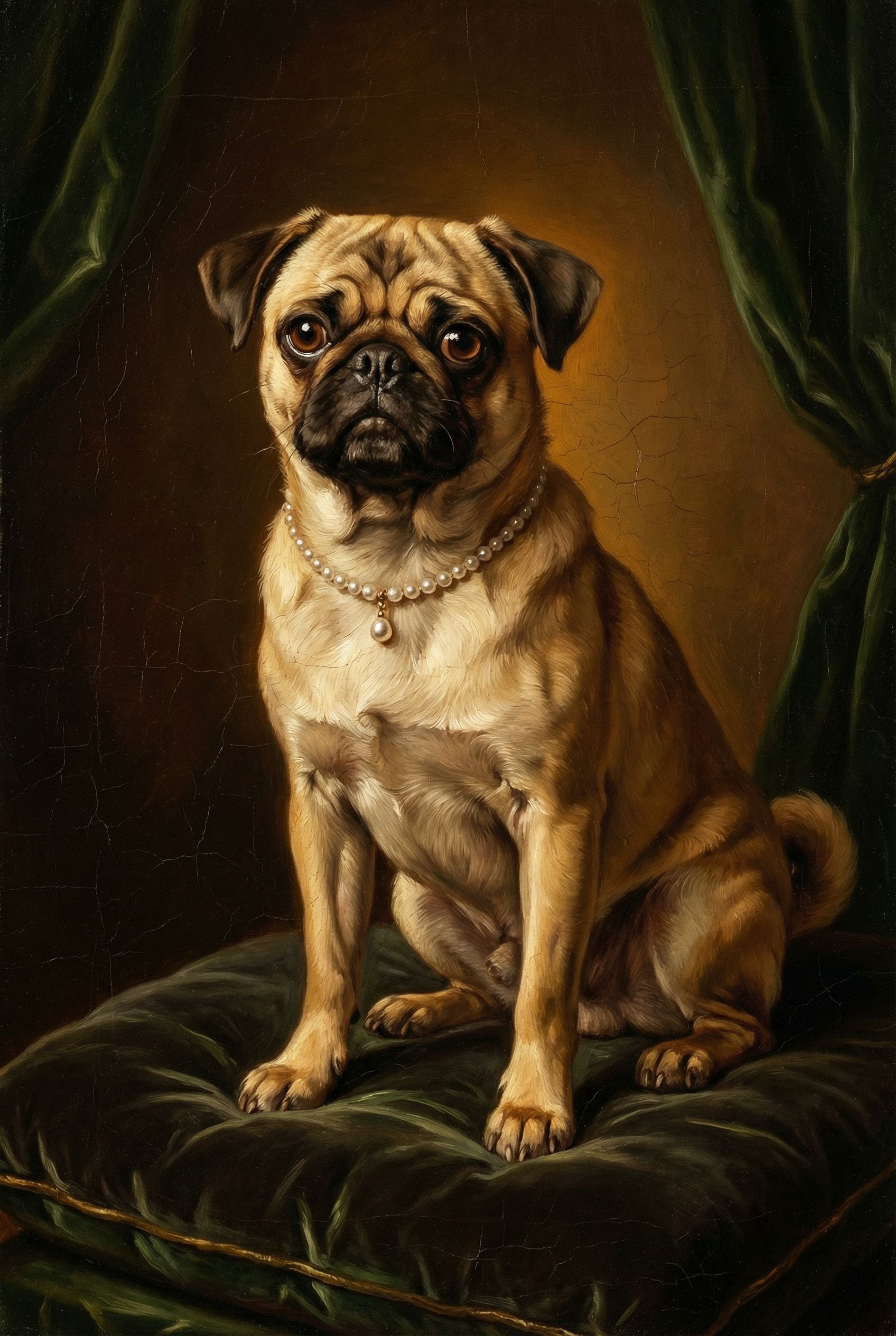 Mops als barockes Porträt mit goldenem Rahmen