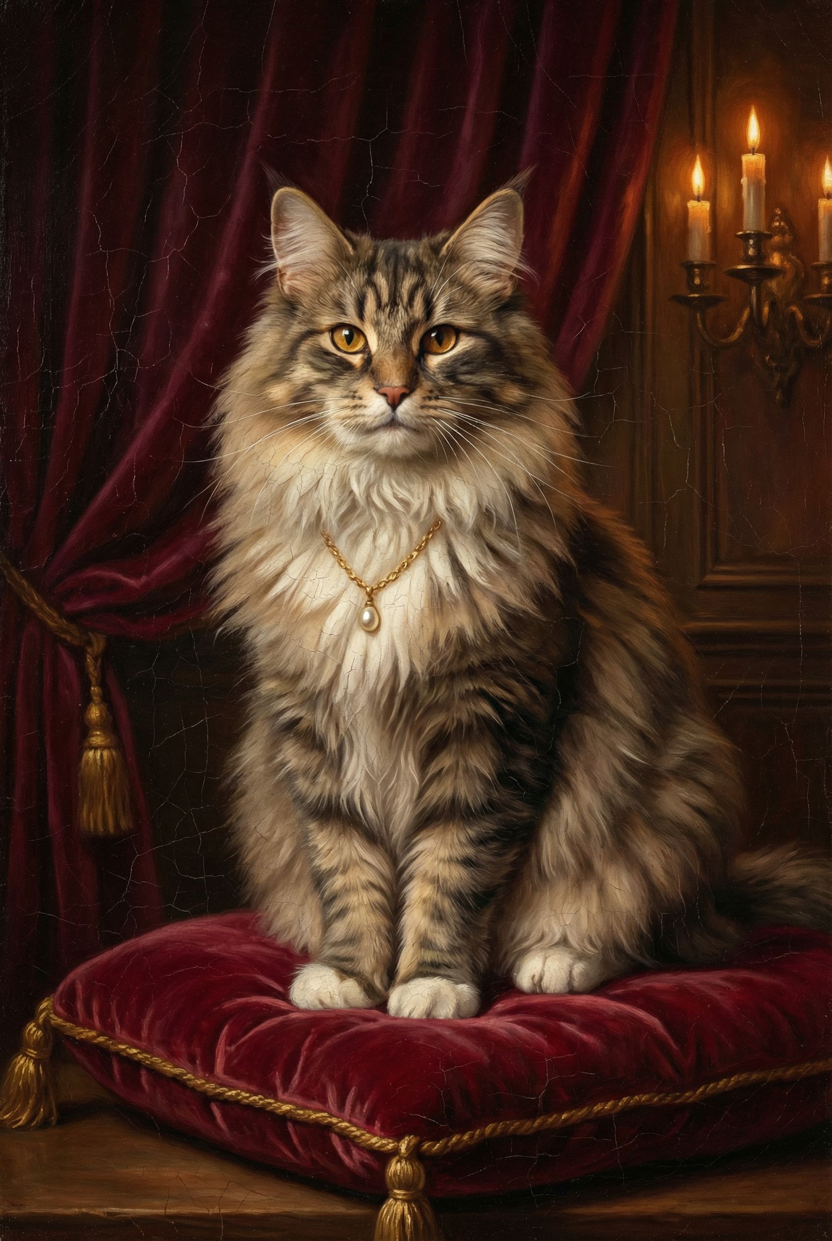 Norwegische Waldkatze als barockes Porträt mit goldenem Rahmen