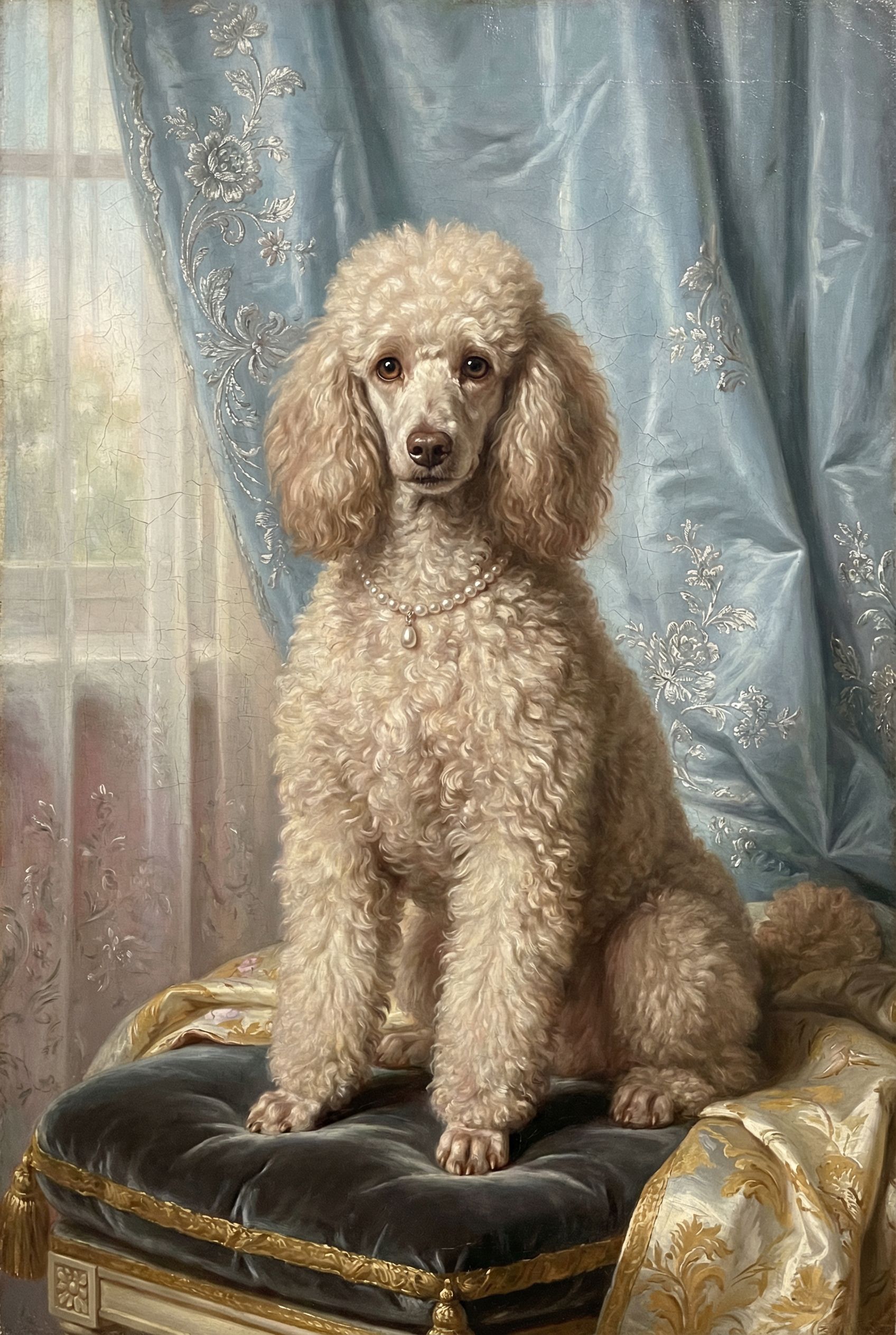 Pudel als barockes Porträt mit goldenem Rahmen