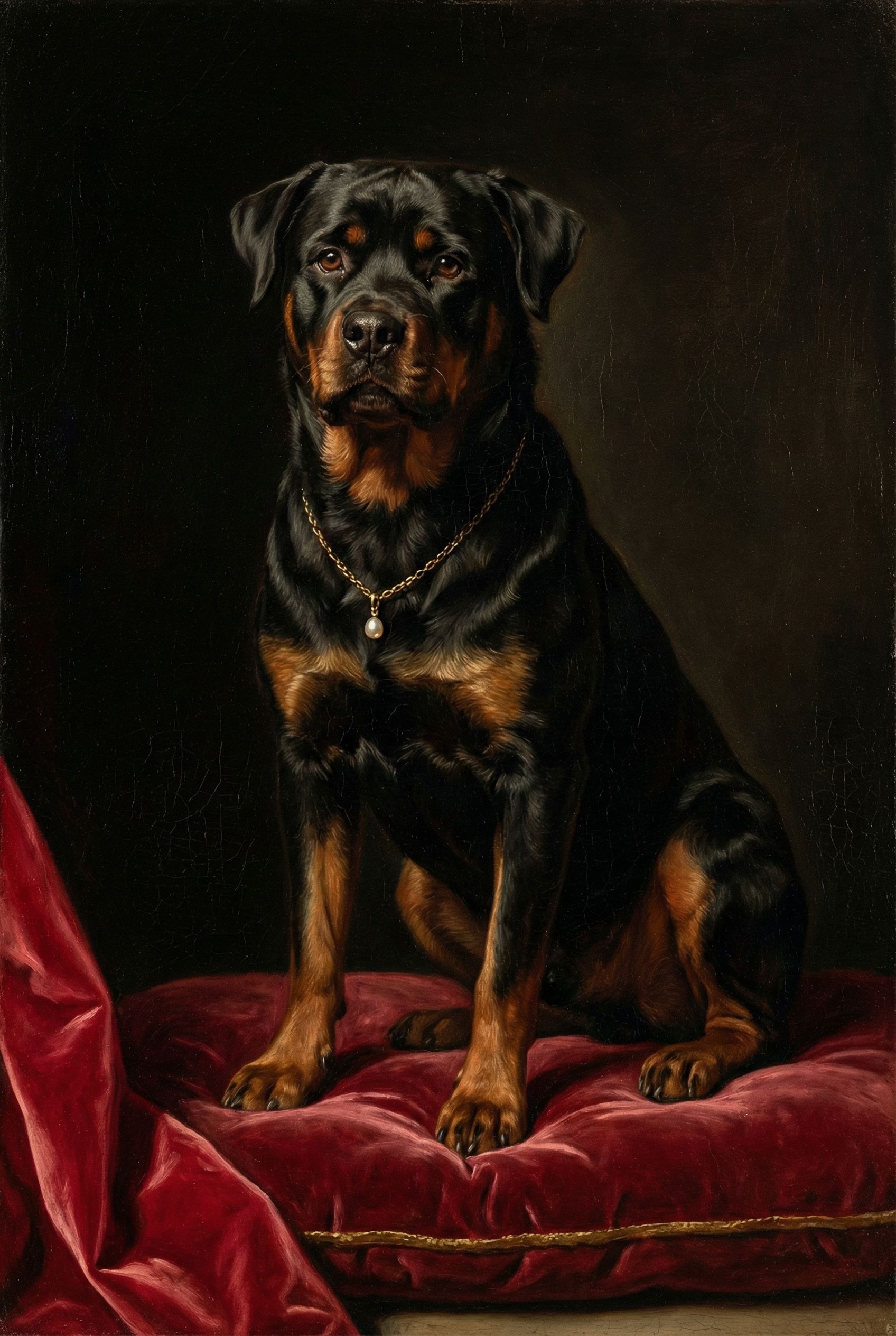 Rottweiler als barockes Porträt mit goldenem Rahmen