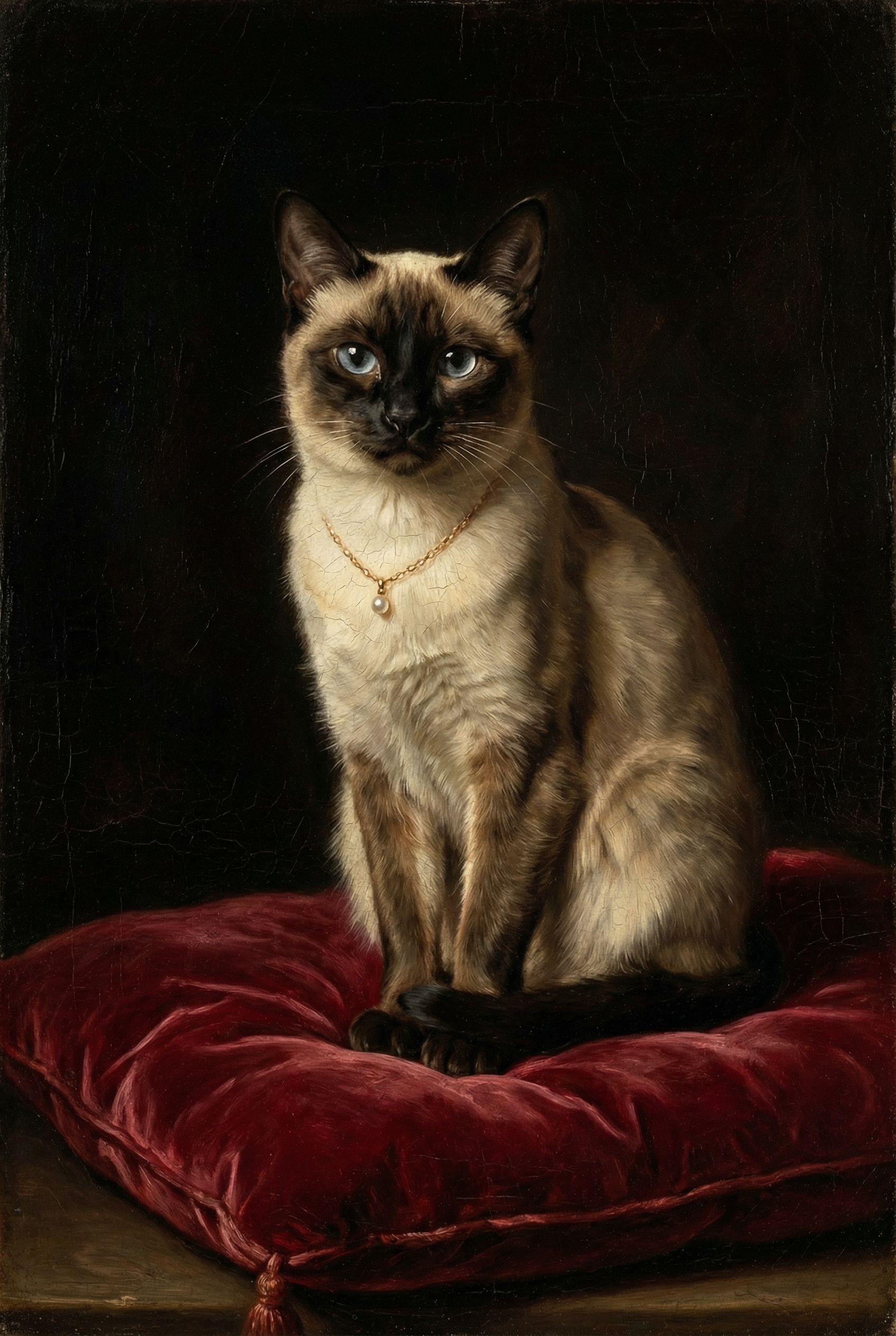 Siamkatze als barockes Porträt mit goldenem Rahmen